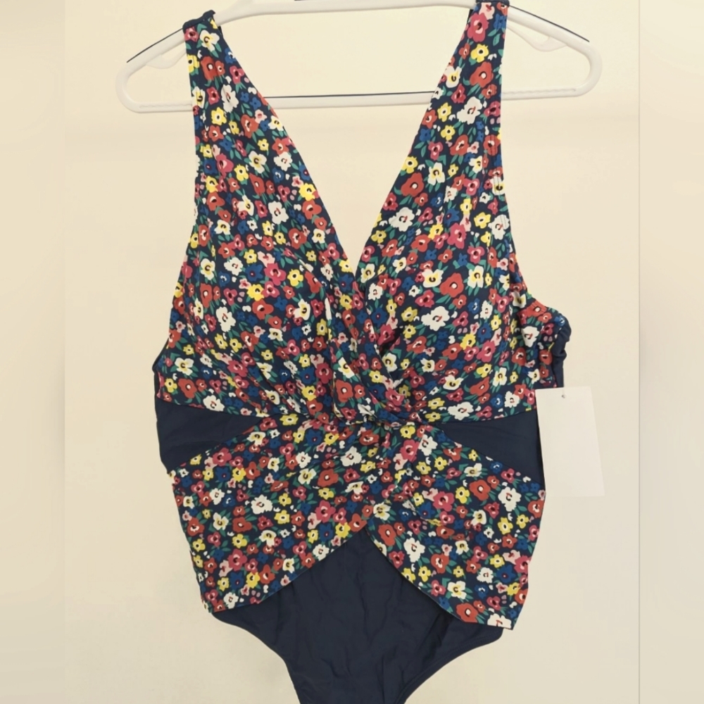 Flowers Blue Criss-cross Front One-Piece Swimsuit